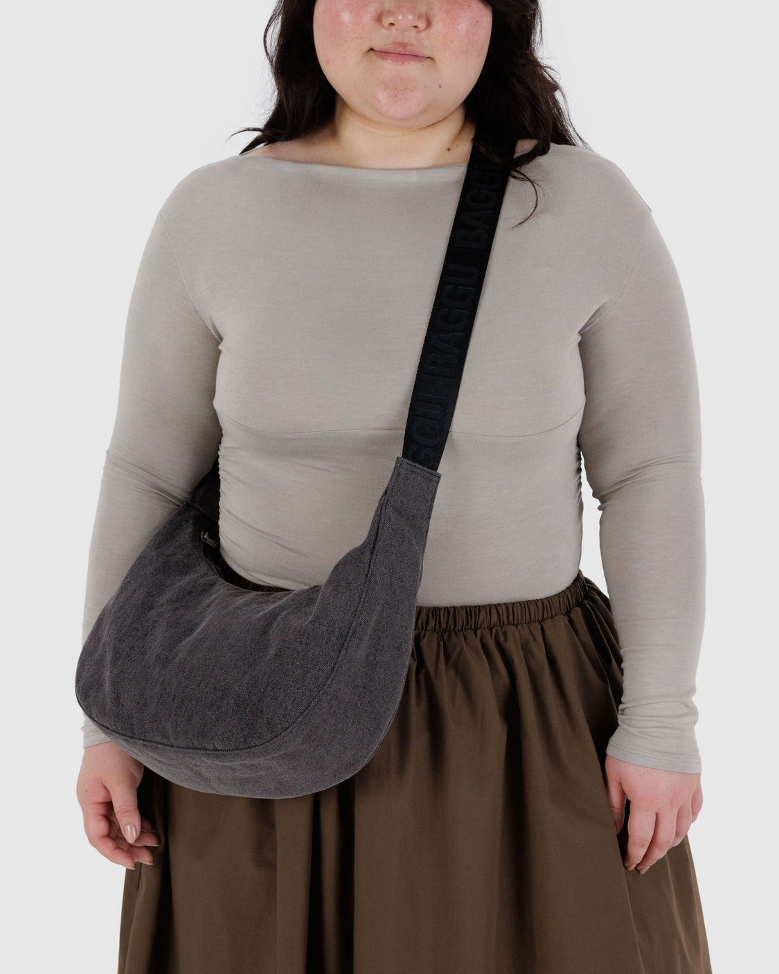 Medium Denim Crescent Bag - Washed Black Denim - Easy Market Bag