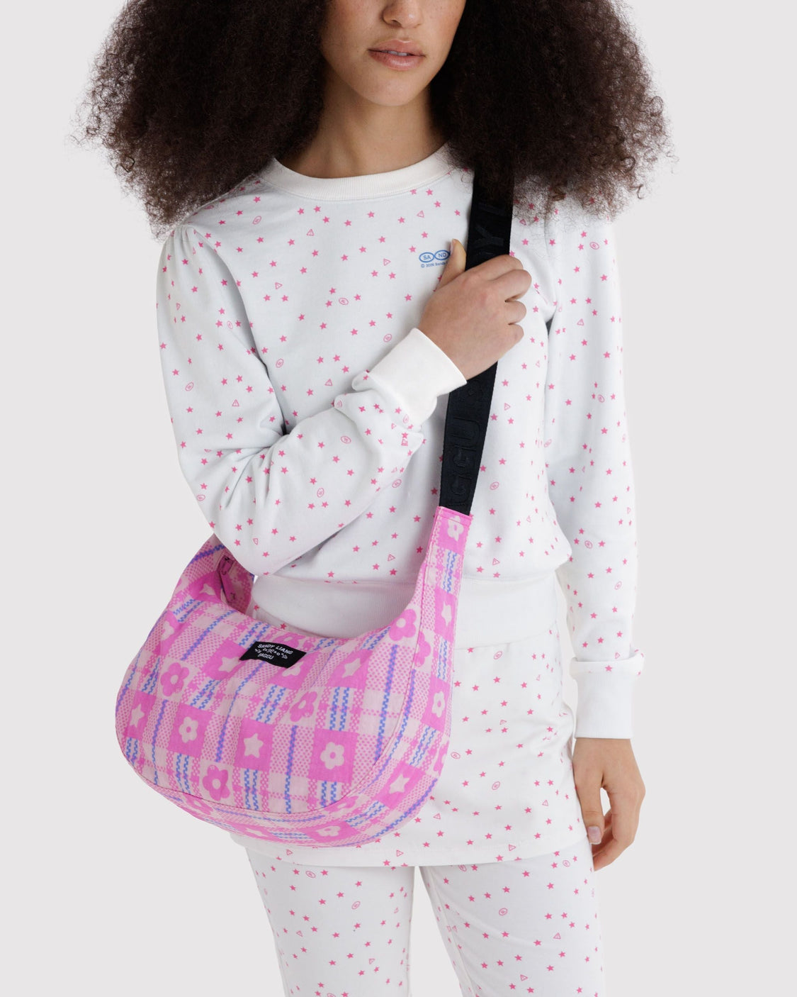 Medium Nylon Crescent Bag - Market Plaid Pink - Travel Street Carry