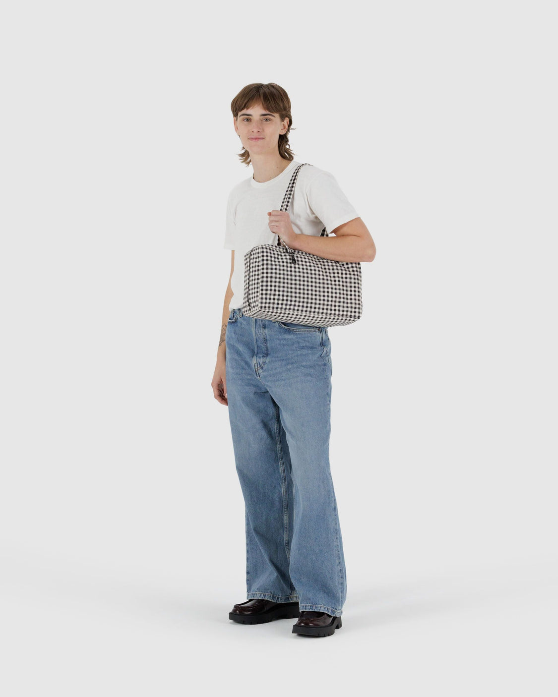 Medium Nylon Bowler Bag - Black & White Gingham - Easy Utility Carry