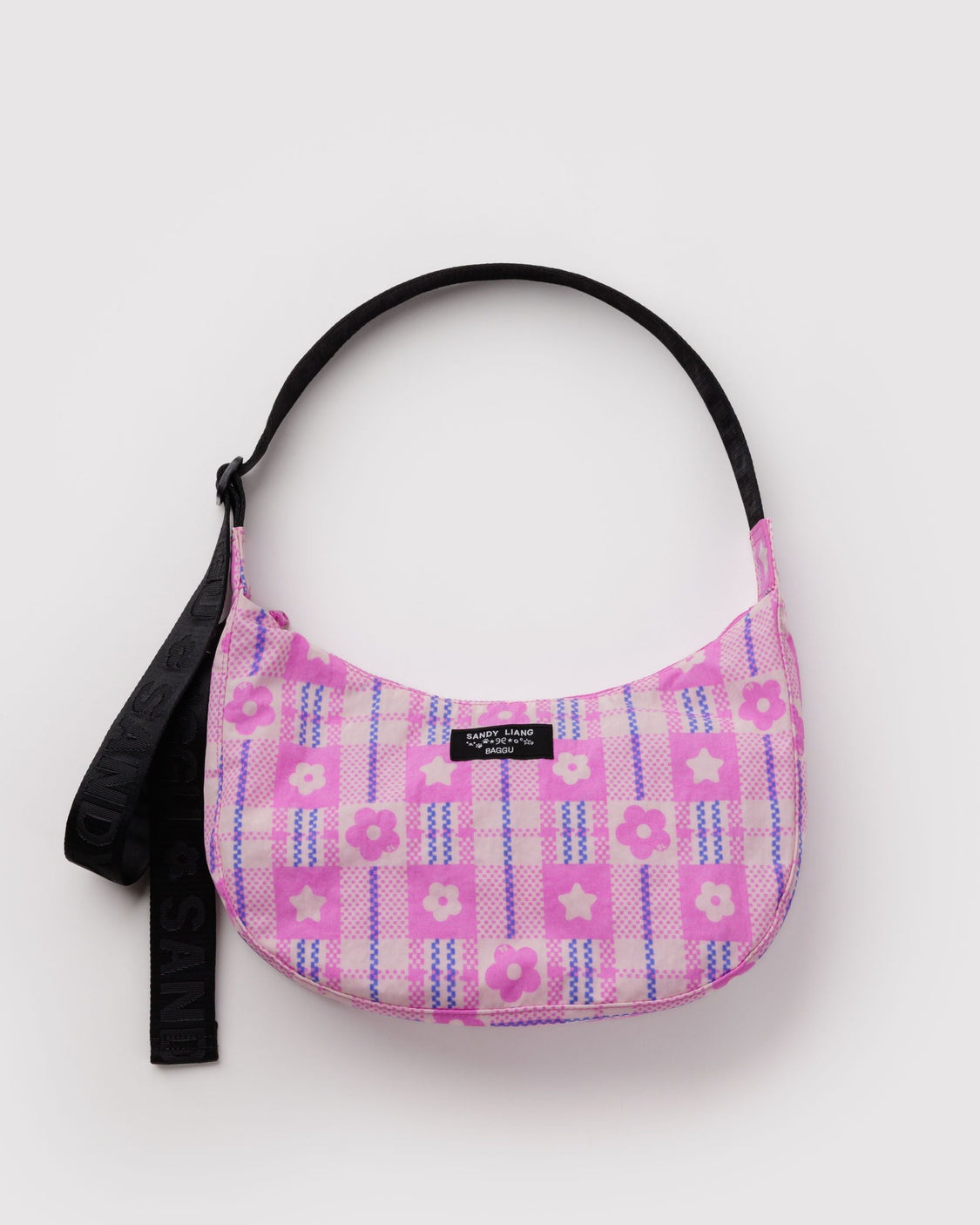 Medium Nylon Crescent Bag - Market Plaid Pink - Travel Street Carry